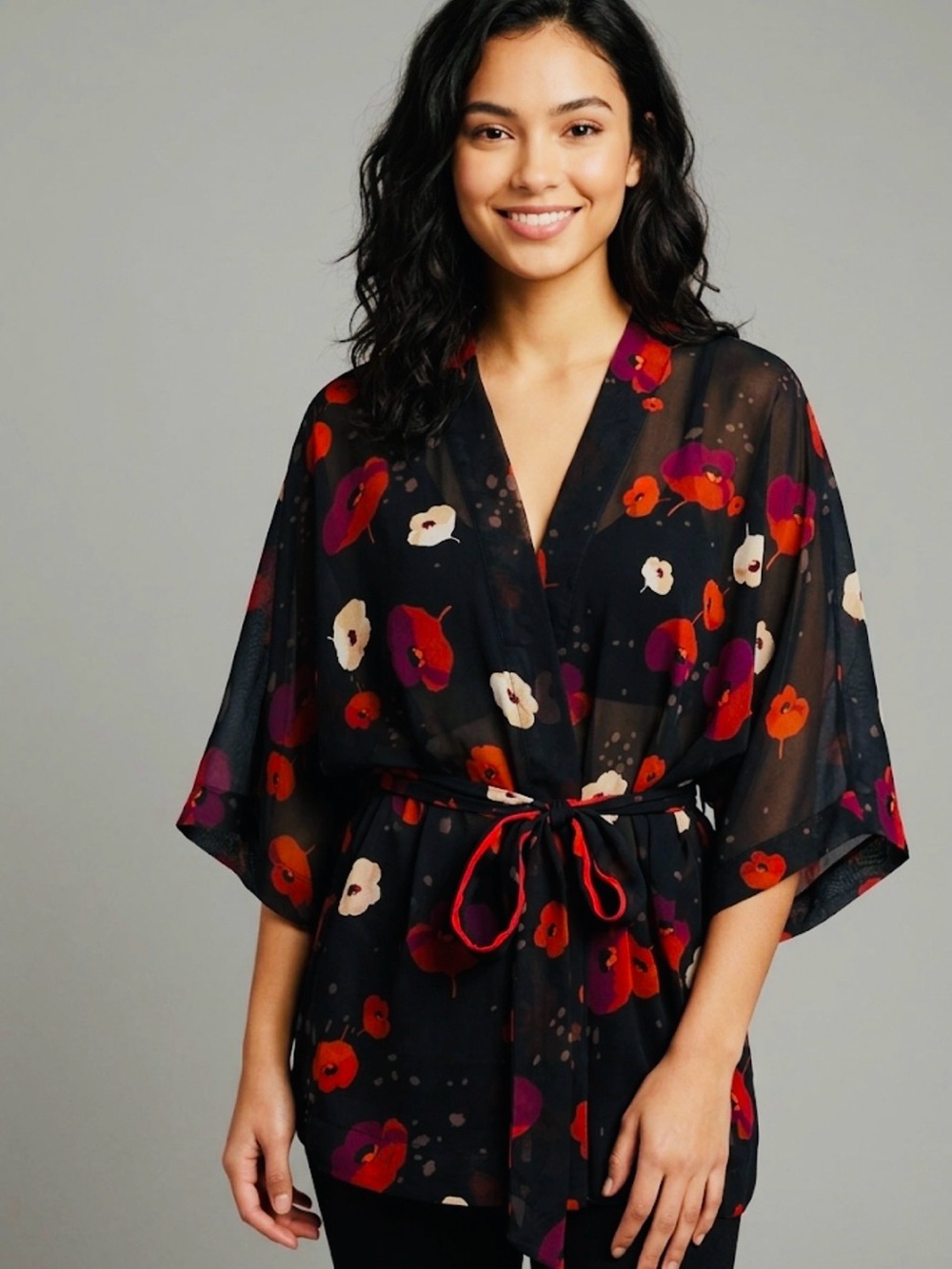 Gilligan & O'Malley Floral Kimono Robe Sleepwear Short Cardigan Black Pink M/L